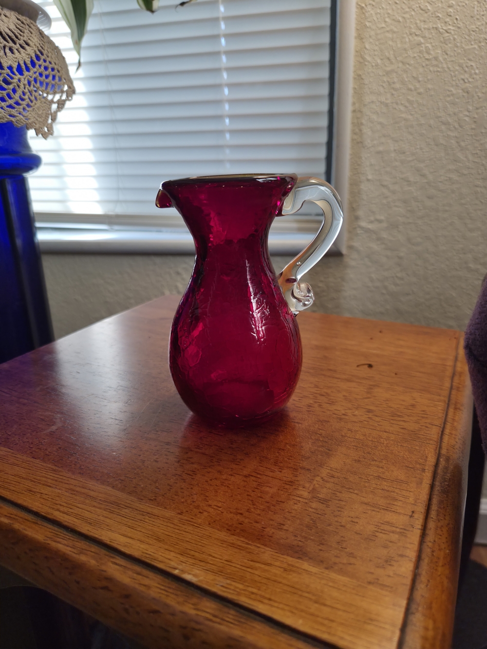 VTG Ruby Red Crackled Glass Pitcher with Clear Handle